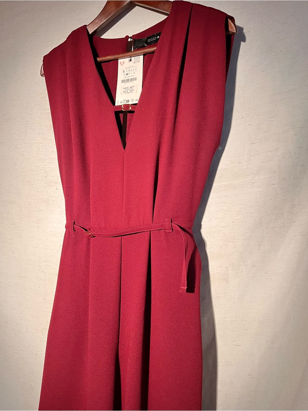 Zara Wide-Leg Belted Jumpsuit Maroon Size Small Elegant V-Neck Wide Leg - Picture 14 of 16